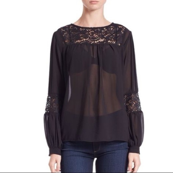 For Love and Lemons Sacramento Blouse Black Sheer Lace Long Sleeves Size Small - Picture 1 of 16